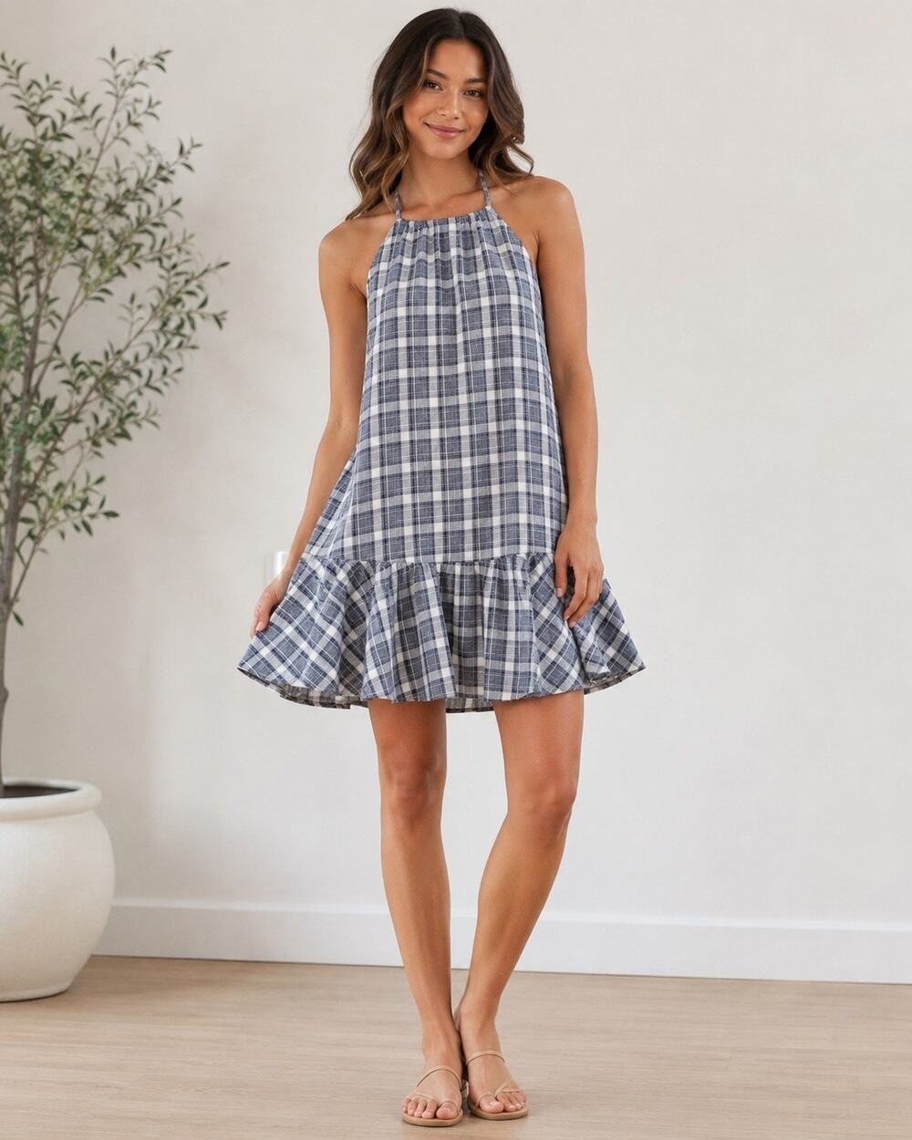 Veveret Plaid Halter Dress Womens S Blue White Tiered Ruffle Swing Made USA